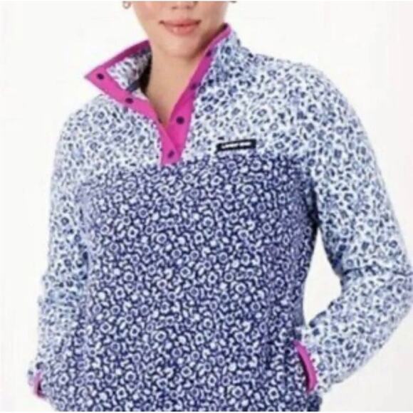 LANDS’ END ~ Blue Floral Color-Block Fleece with Cute Bright Pink Detail ~ Small - Picture 2 of 9
